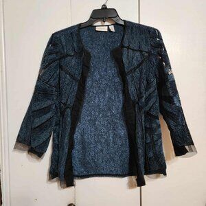Size 1 Medium Chicos Blue Brushed Velvet Lace Chenille 3/4 Sleeve Beaded Jacket